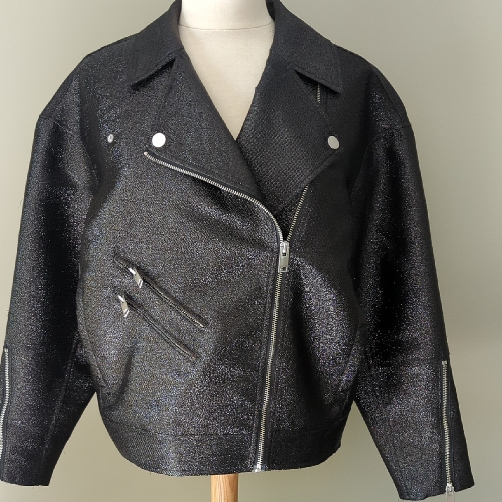 H&M Black Shimmer Moto Jacket With Silver Zippers.Size Medium.